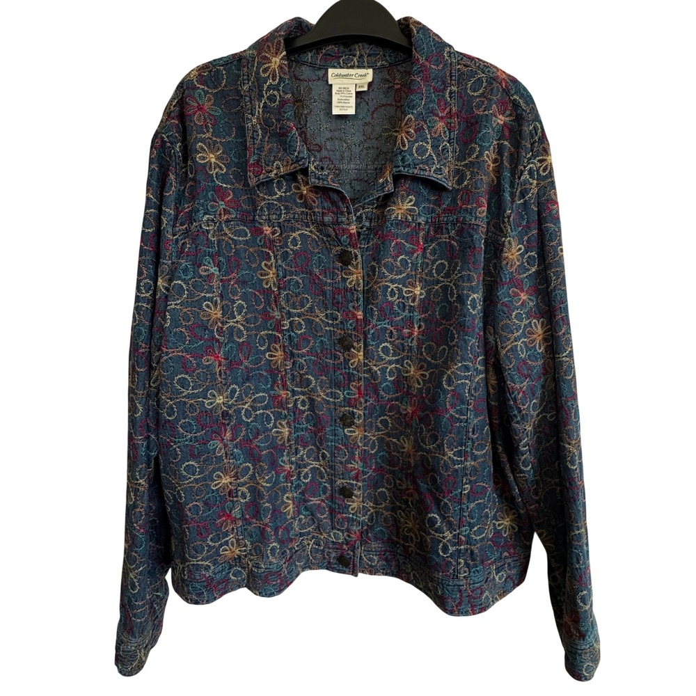 Coldwater Creek XXL Blue Denim Floral Embroidered Button Front Jacket Lightwt